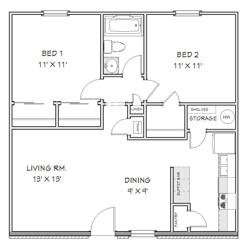 Floorplan – 2 Bedroom – 1 Bath – Style A